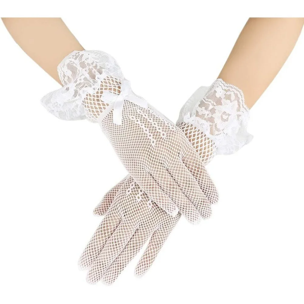 Women's B-White Bow Lace Elegant Wrist Gloves Ruffle Bridal Wedding Party Prom